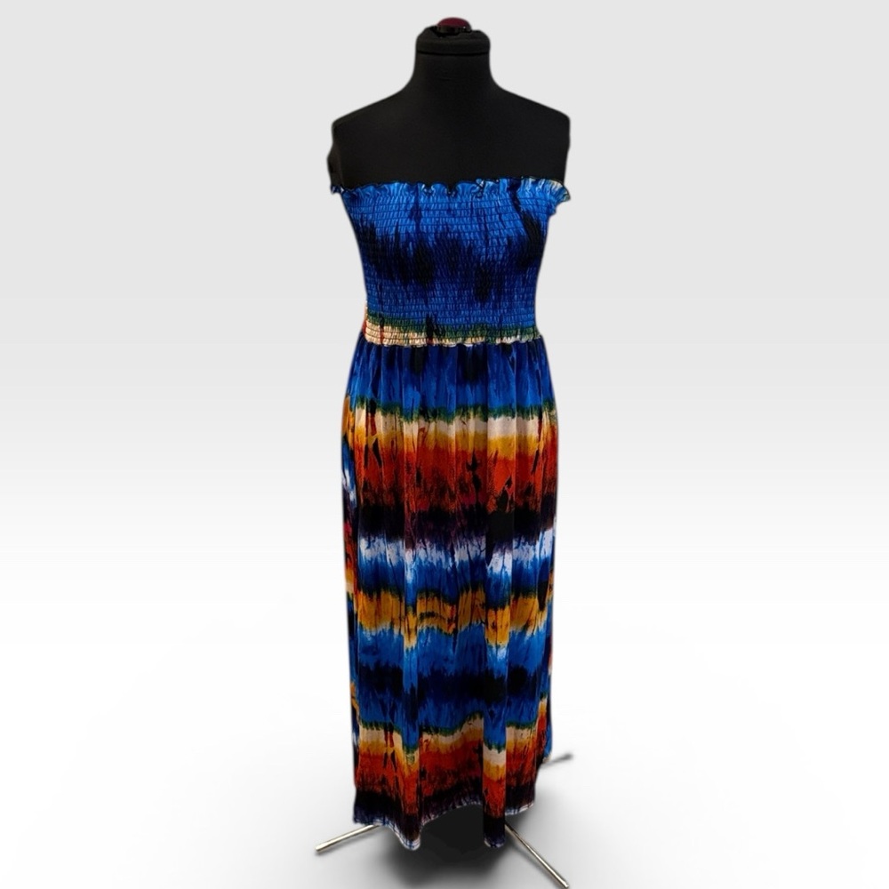 Rouge! Strapless Smocked Maxi Dress in Blue Multi Tie-Dye